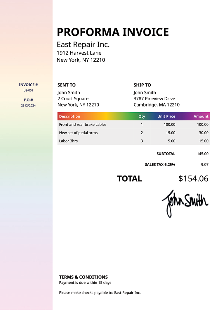 Proforma Invoice Template Us Column Rainbow 