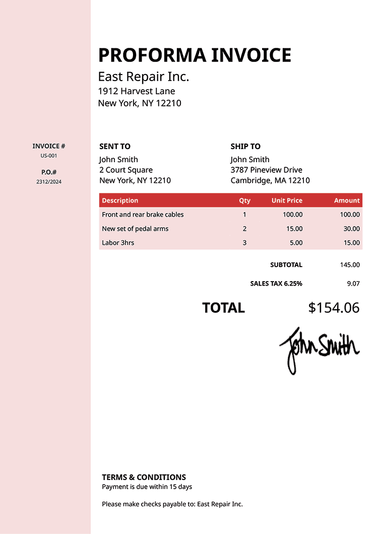 Proforma Invoice Template Us Column Red 