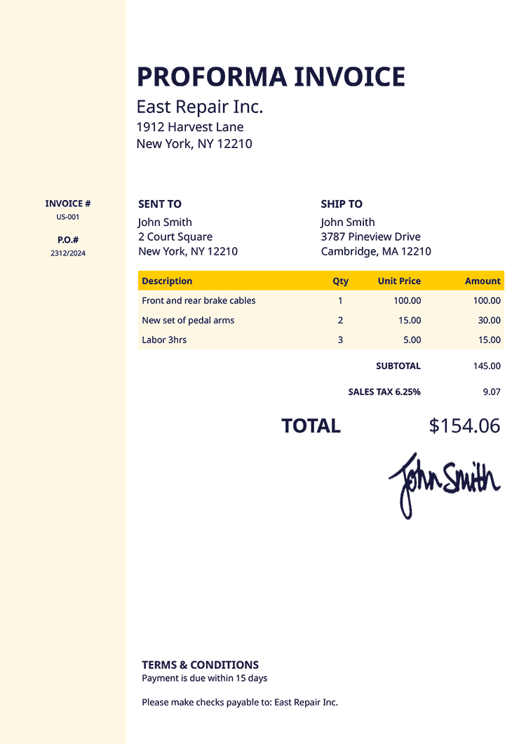 Proforma Invoice Template Us Column Yellow 