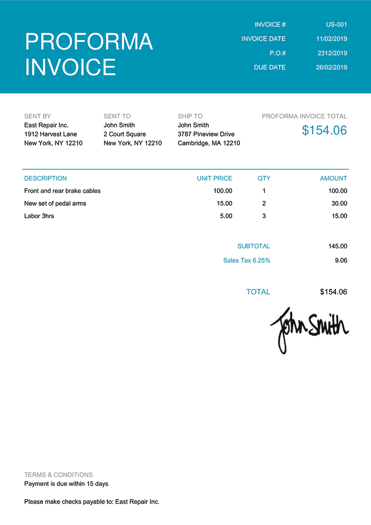 Proforma Invoice Template Us Contemporary Teal 