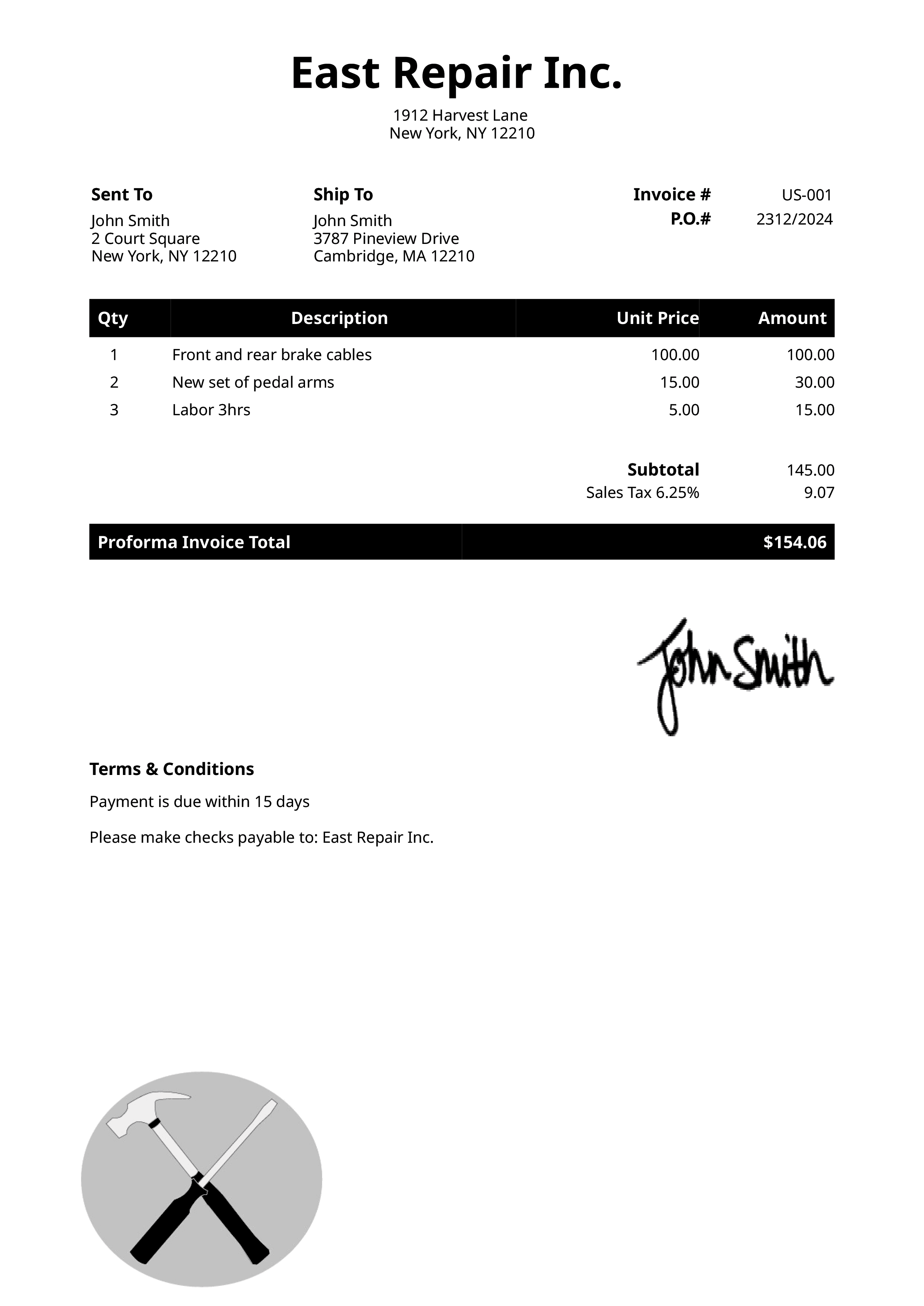 Proforma Invoice Template Us Contractor Black 