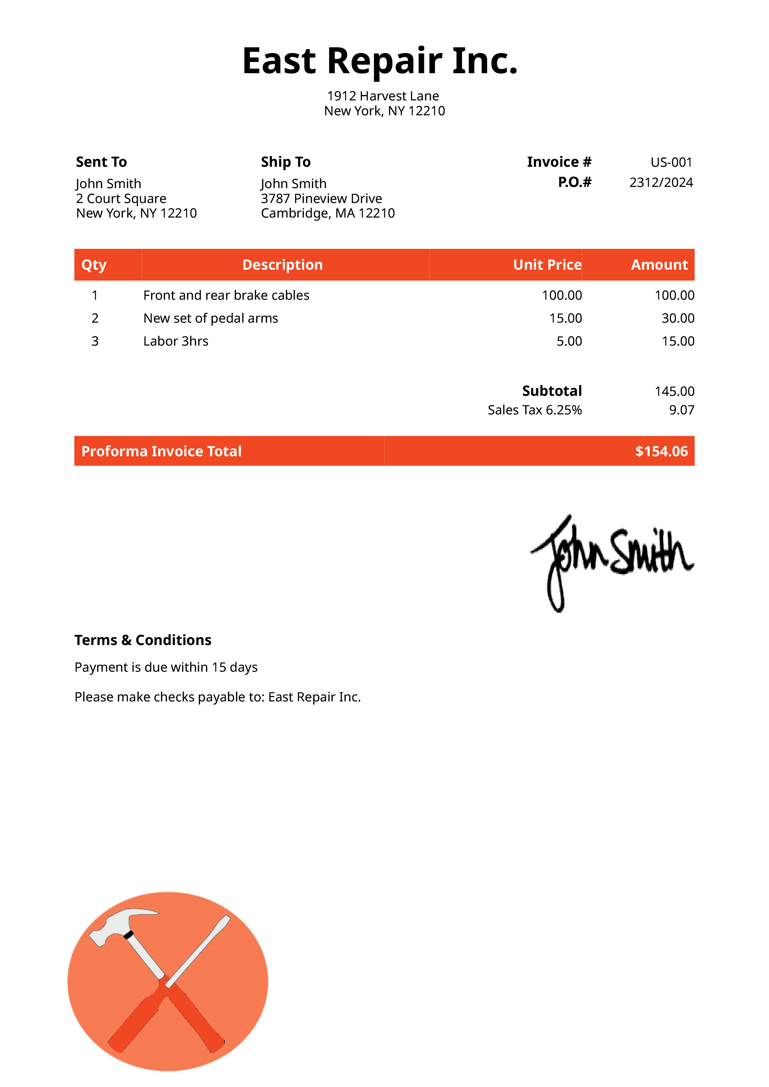 Proforma Invoice Template Us Contractor Orange 