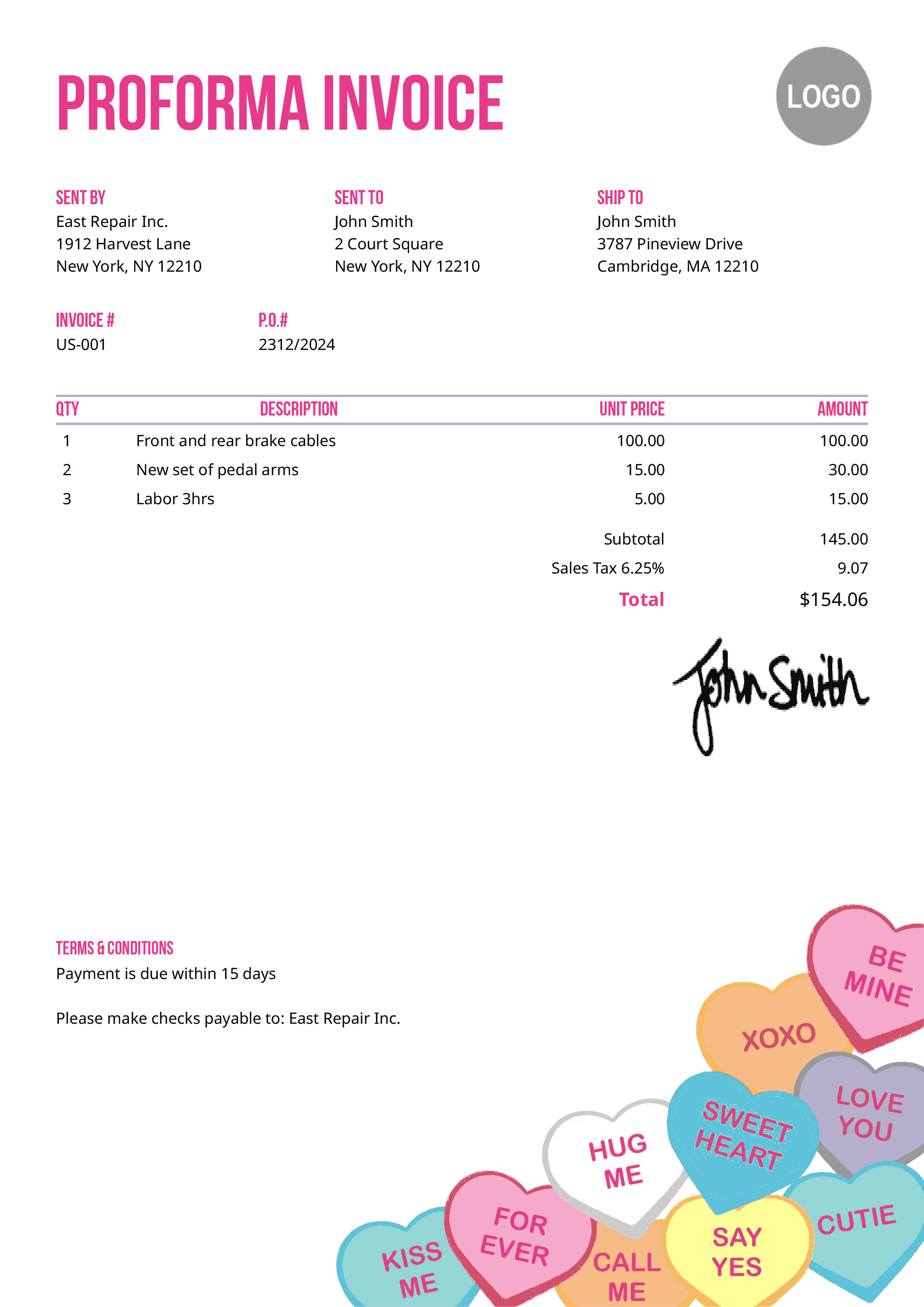 Proforma Invoice Template Us Conversation Hearts 
