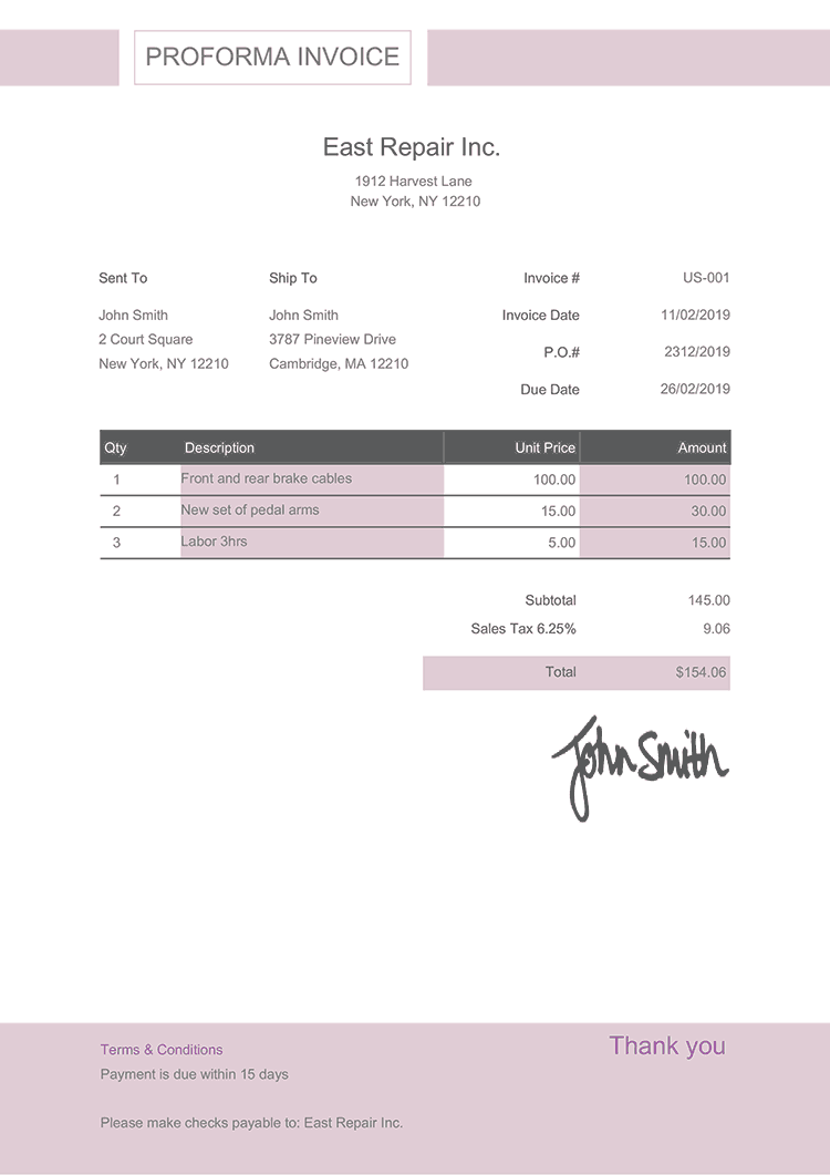 Proforma Invoice Template Us Effortless Lilac 