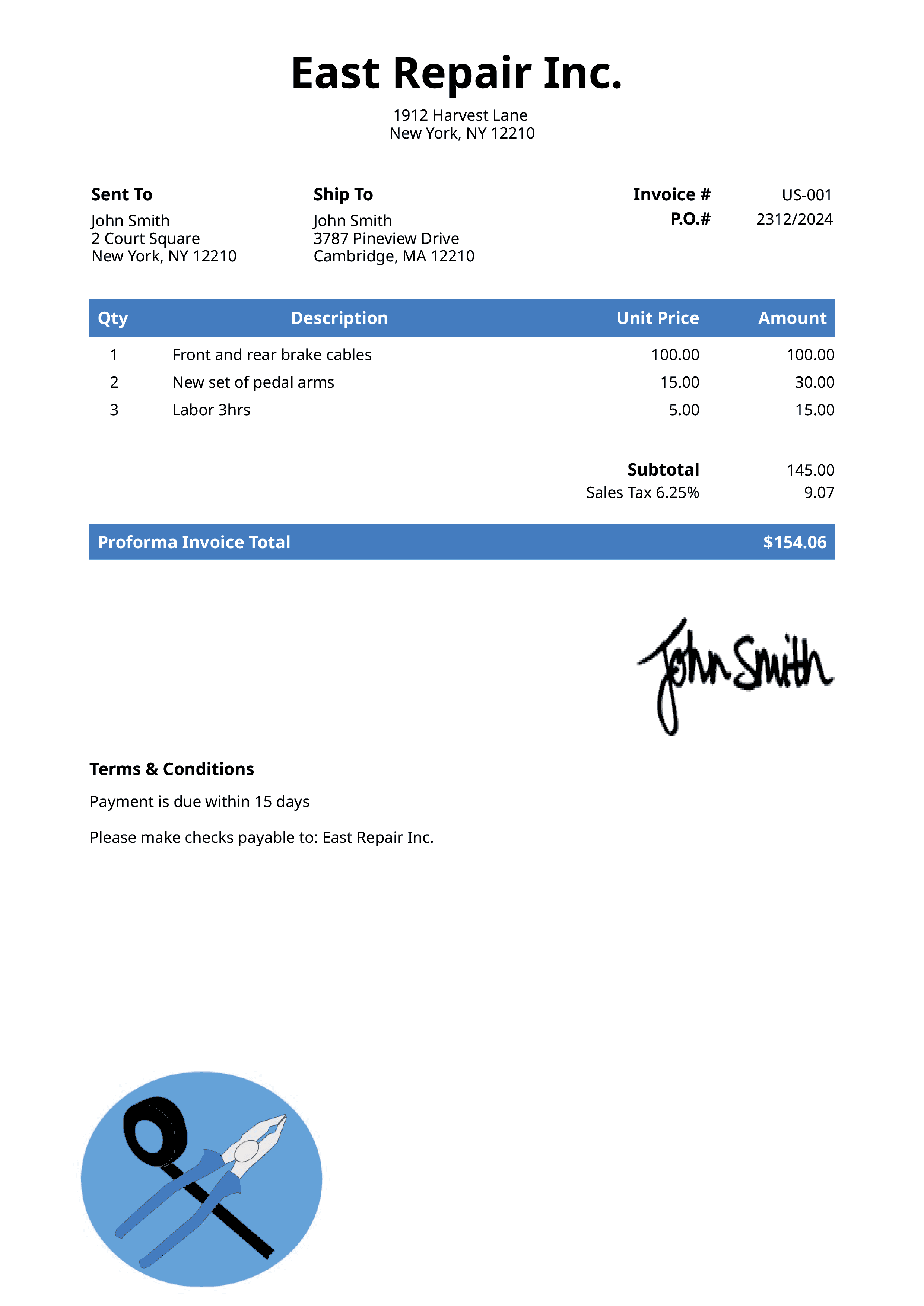 Proforma Invoice Template Us Electrician Blue 