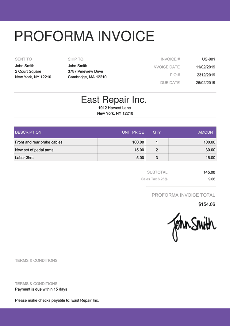 Proforma Invoice Template Us Enterprise Purple 