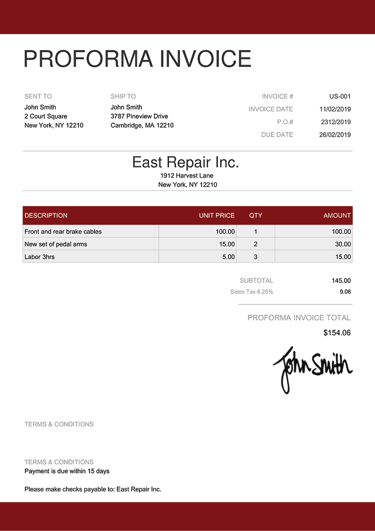 Proforma Invoice Template Us Enterprise Red 