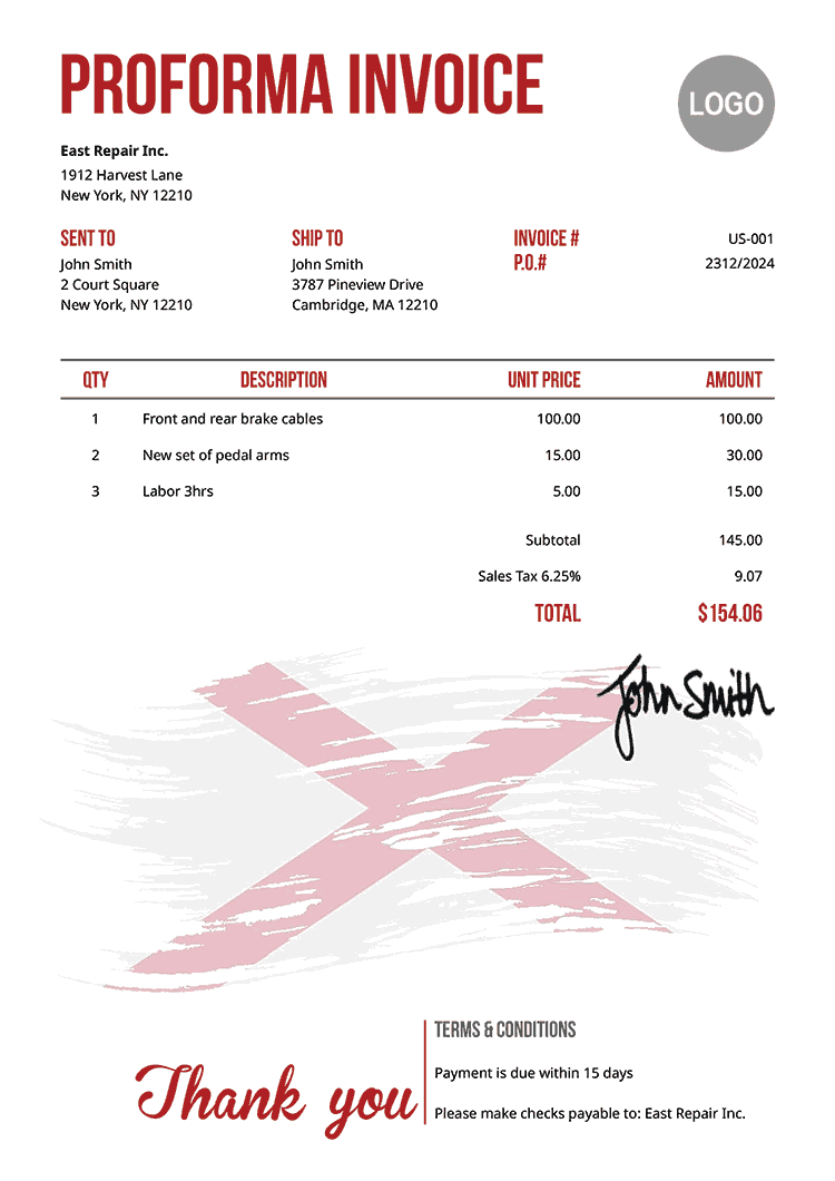 Proforma Invoice Template Us Flag Of Alabama 