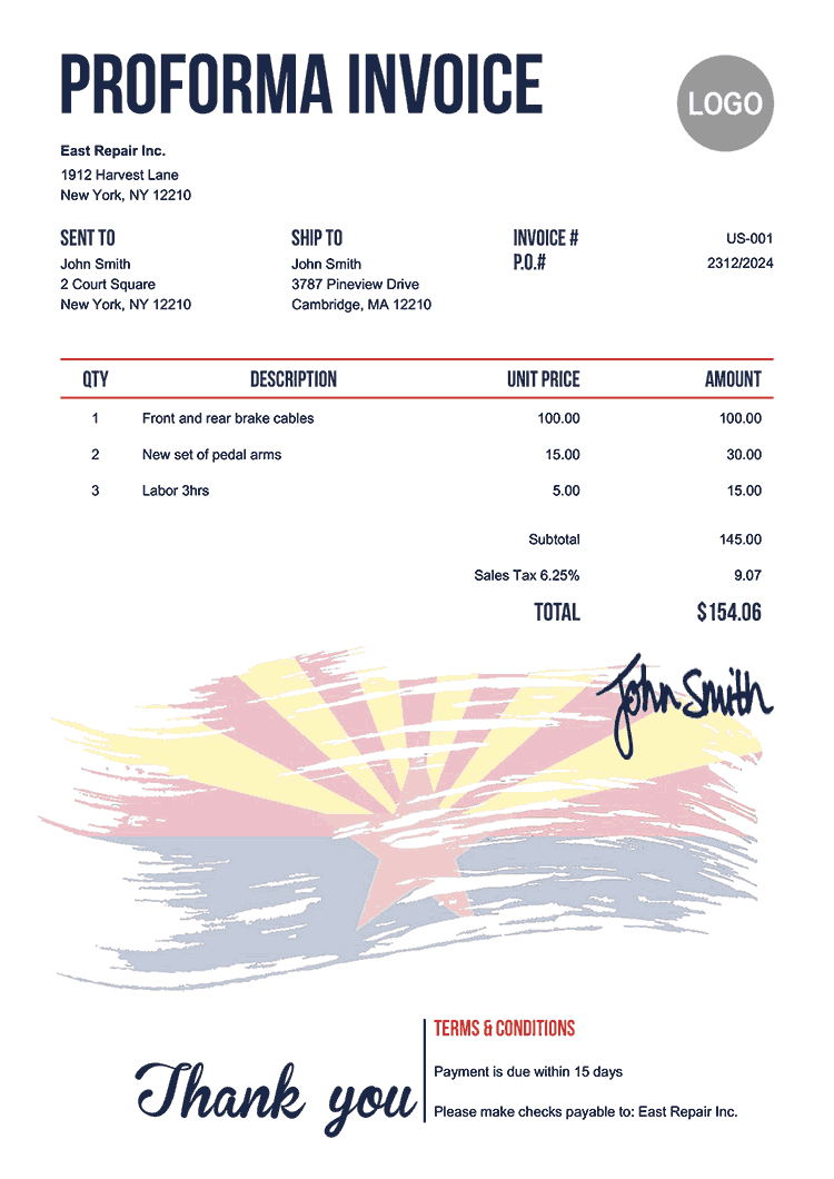 Proforma Invoice Template Us Flag Of Arizona 
