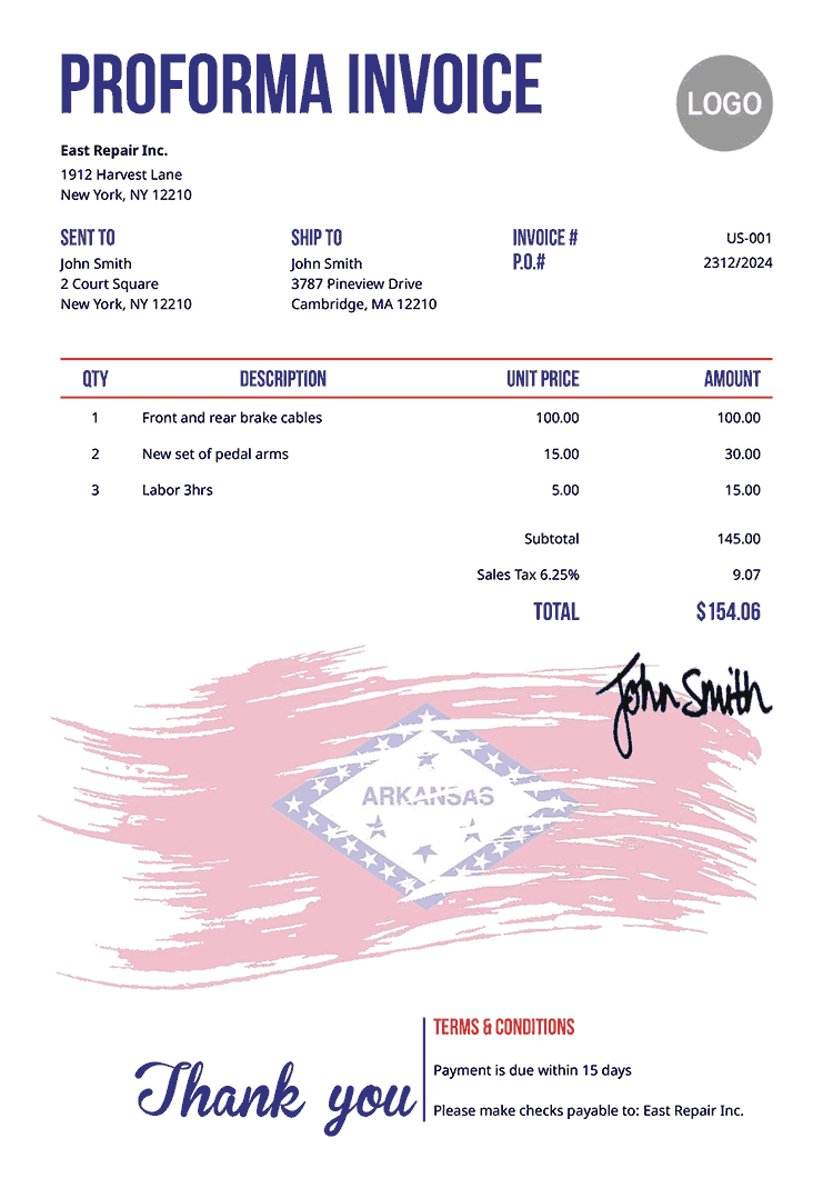 Proforma Invoice Template Us Flag Of Arkansas 