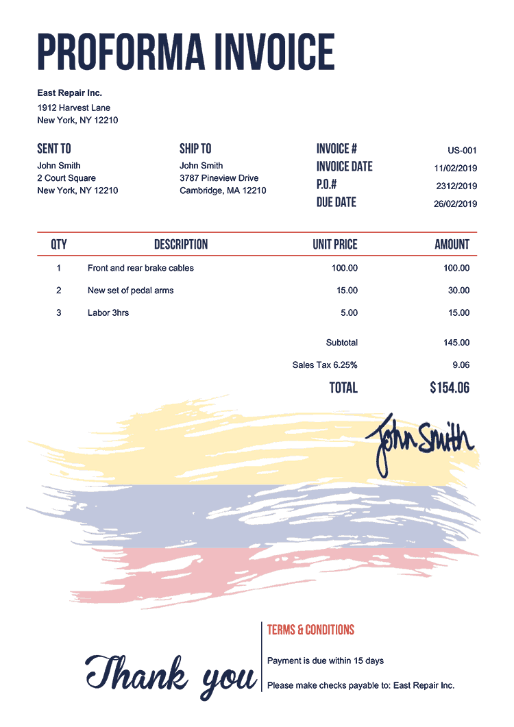 Proforma Invoice Template Us Flag Of Colombia 