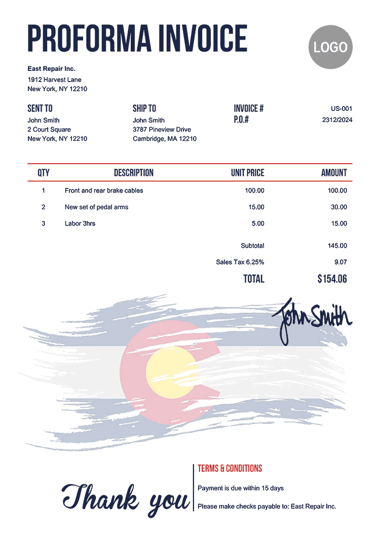 Proforma Invoice Template Us Flag Of Colorado 