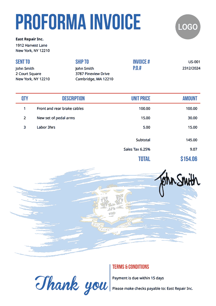 Proforma Invoice Template Us Flag Of Connecticut 