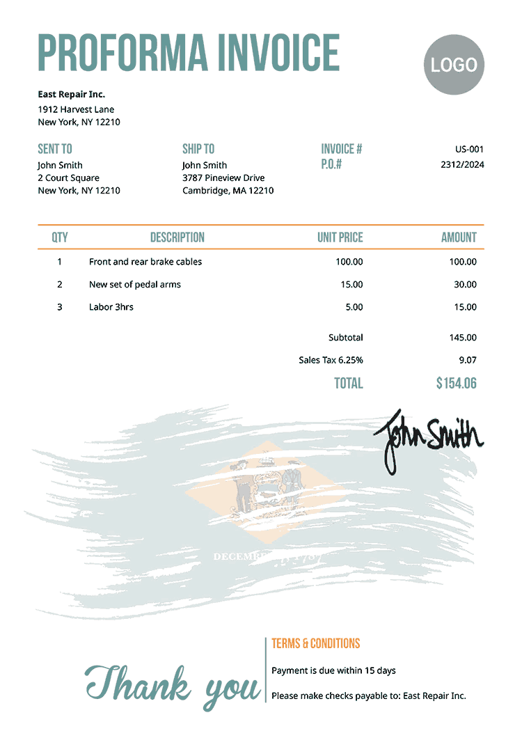 Proforma Invoice Template Us Flag Of Delaware 