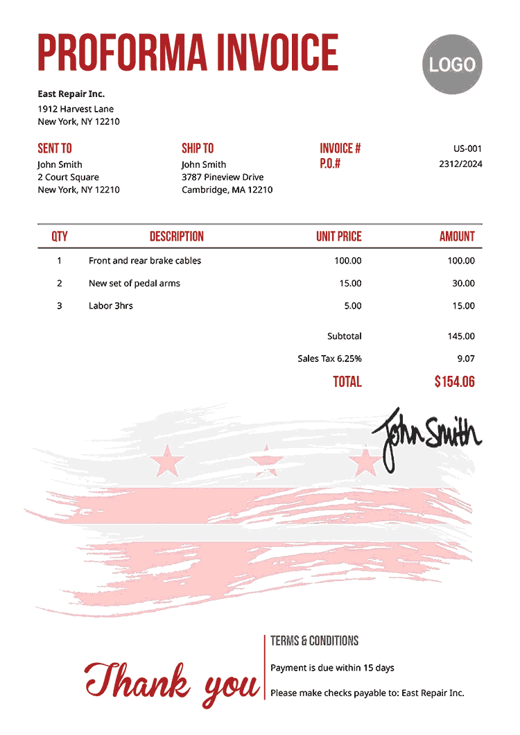Proforma Invoice Template Us Flag Of District Of Columbia 