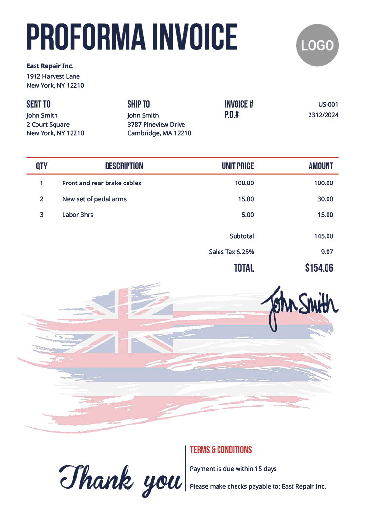 Proforma Invoice Template Us Flag Of Hawaii 