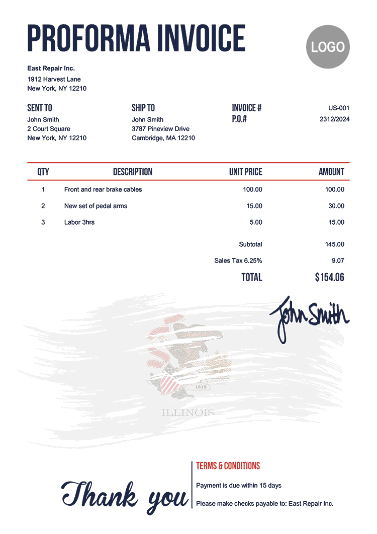 Proforma Invoice Template Us Flag Of Illinois 