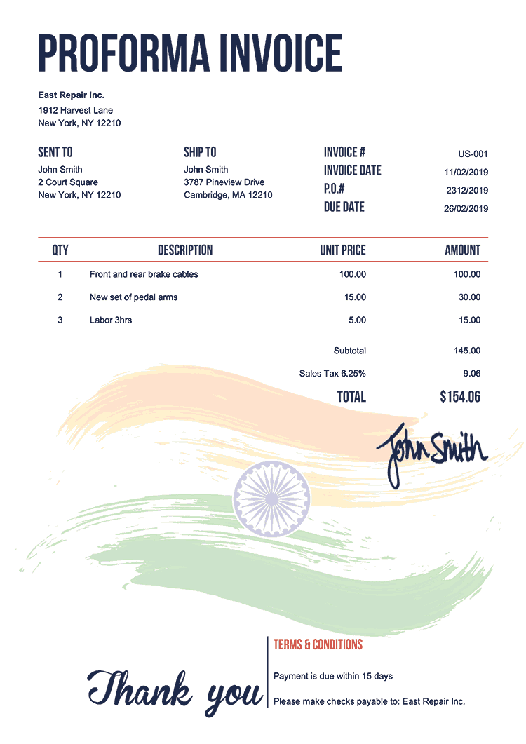 Proforma Invoice Template Us Flag Of India 