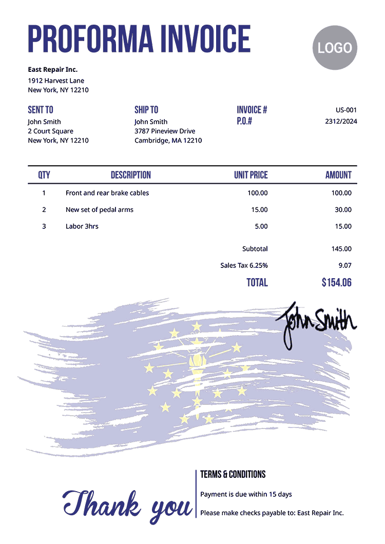Proforma Invoice Template Us Flag Of Indiana 