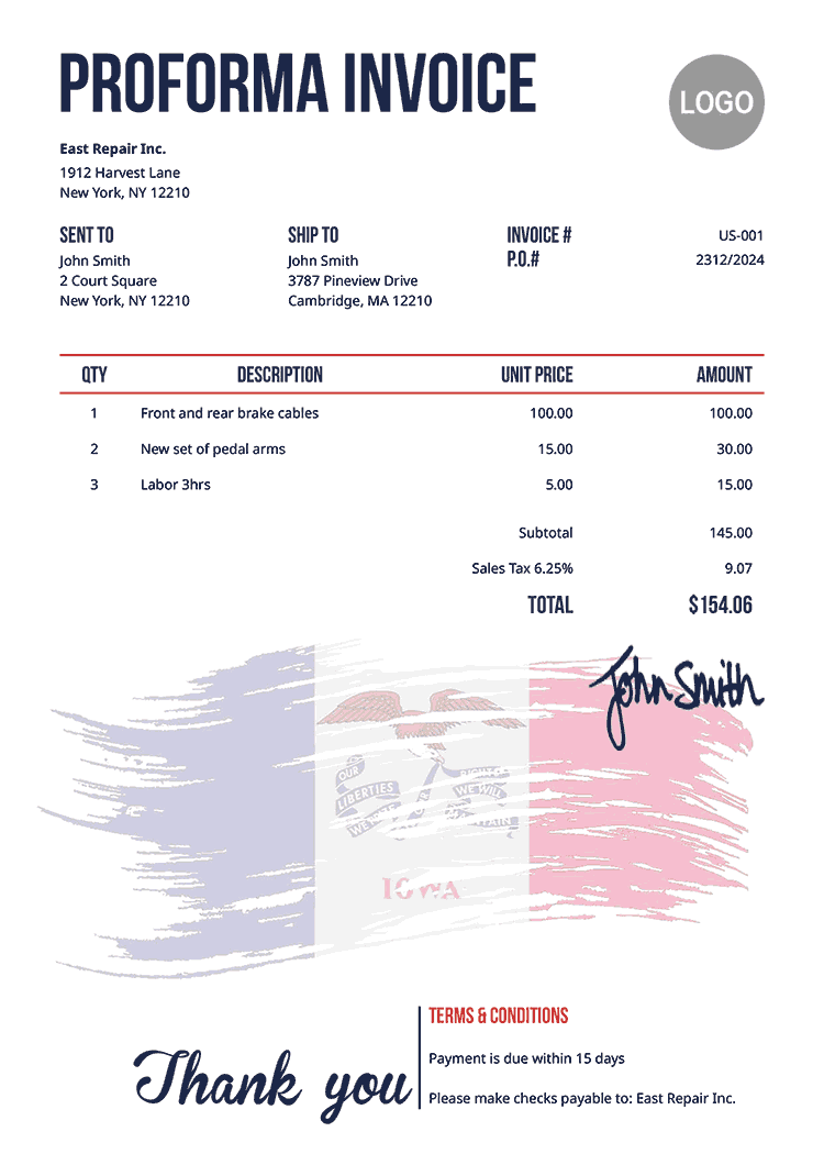Proforma Invoice Template Us Flag Of Iowa 