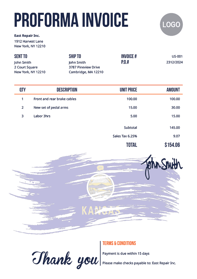 Proforma Invoice Template Us Flag Of Kansas 