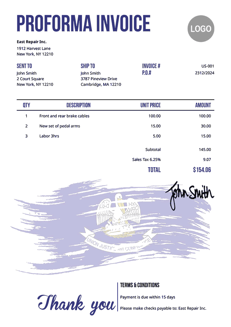 Proforma Invoice Template Us Flag Of Louisiana 