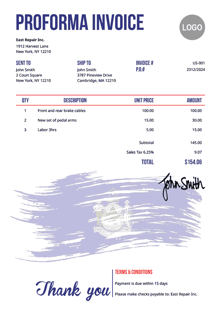 Proforma Invoice Template Us Flag Of Maine 