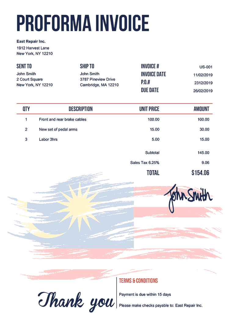 Proforma Invoice Template Us Flag Of Malaysia 