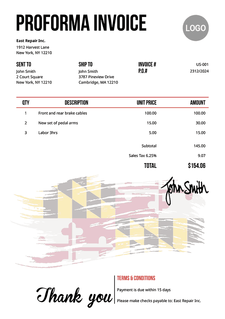 Proforma Invoice Template Us Flag Of Maryland 