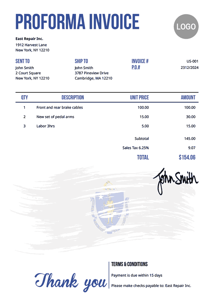Proforma Invoice Template Us Flag Of Massachusetts 