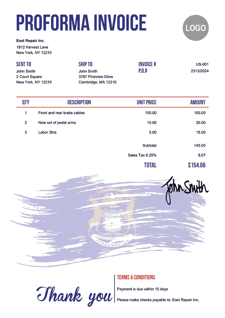 Proforma Invoice Template Us Flag Of Michigan 