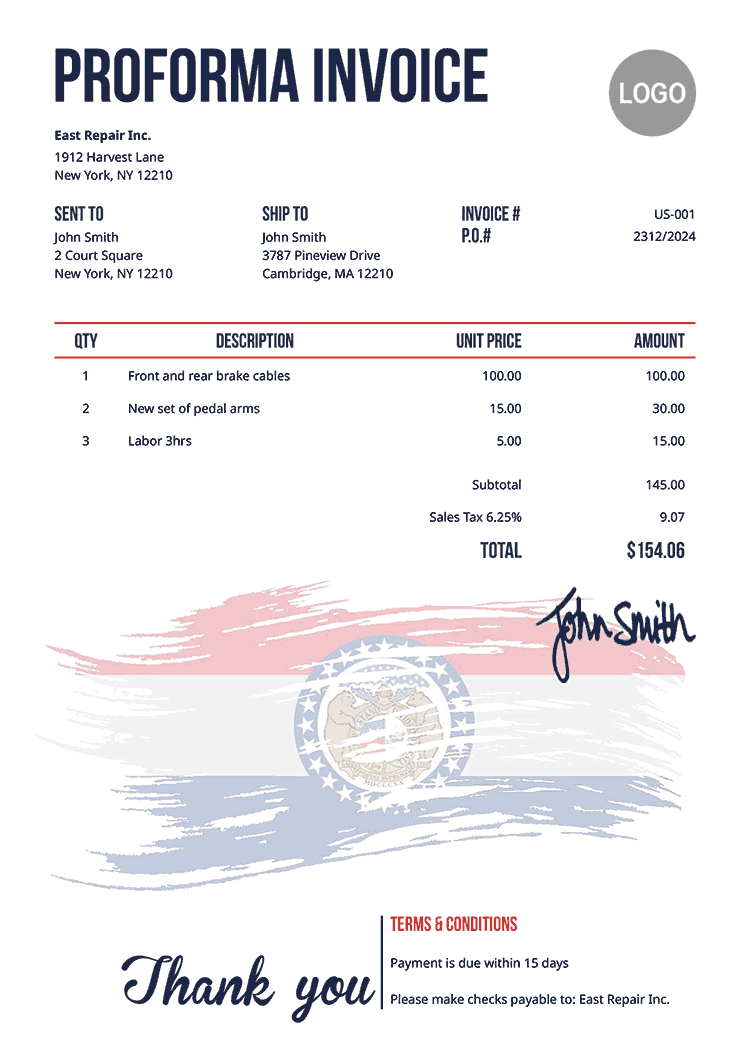 Proforma Invoice Template Us Flag Of Missouri 