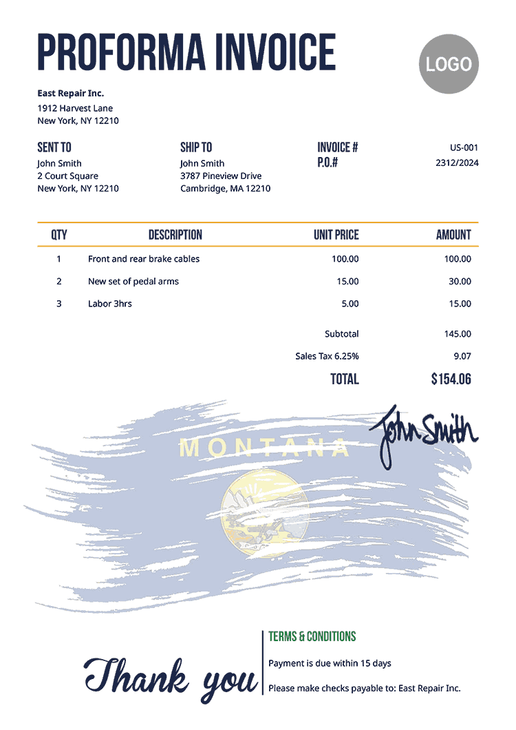 Proforma Invoice Template Us Flag Of Montana 