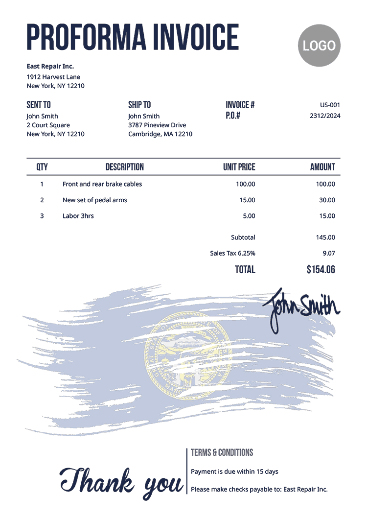 Proforma Invoice Template Us Flag Of Nebraska 