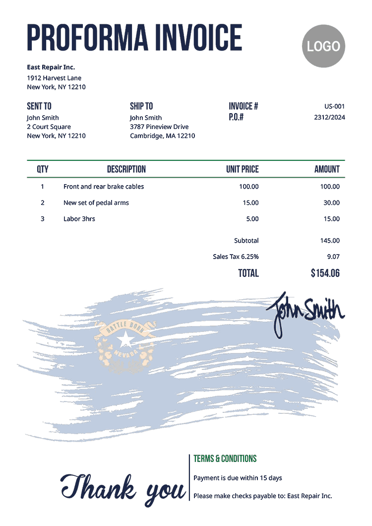 Proforma Invoice Template Us Flag Of Nevada 