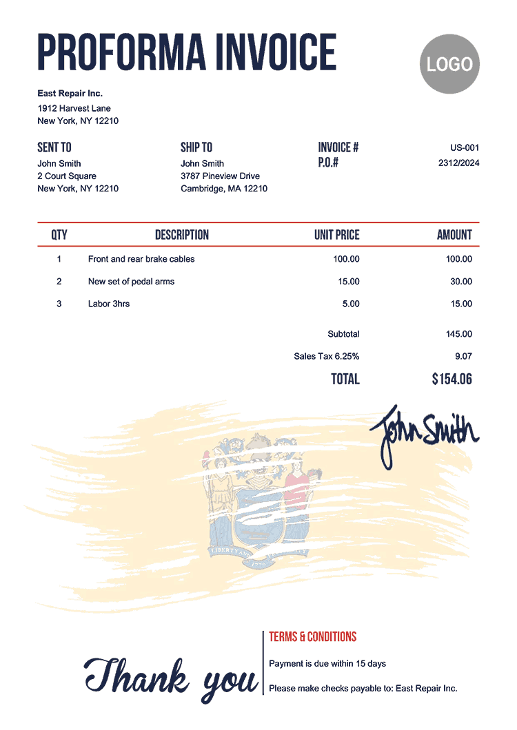 Proforma Invoice Template Us Flag Of New Jersey 