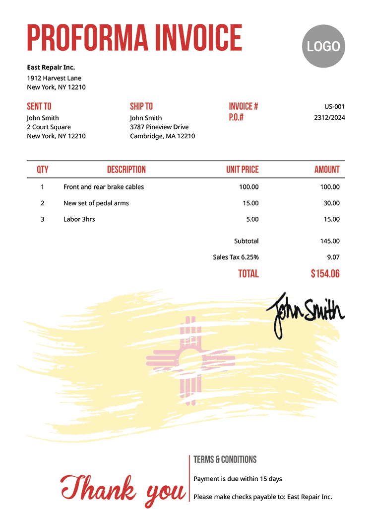 Proforma Invoice Template Us Flag Of New Mexico 