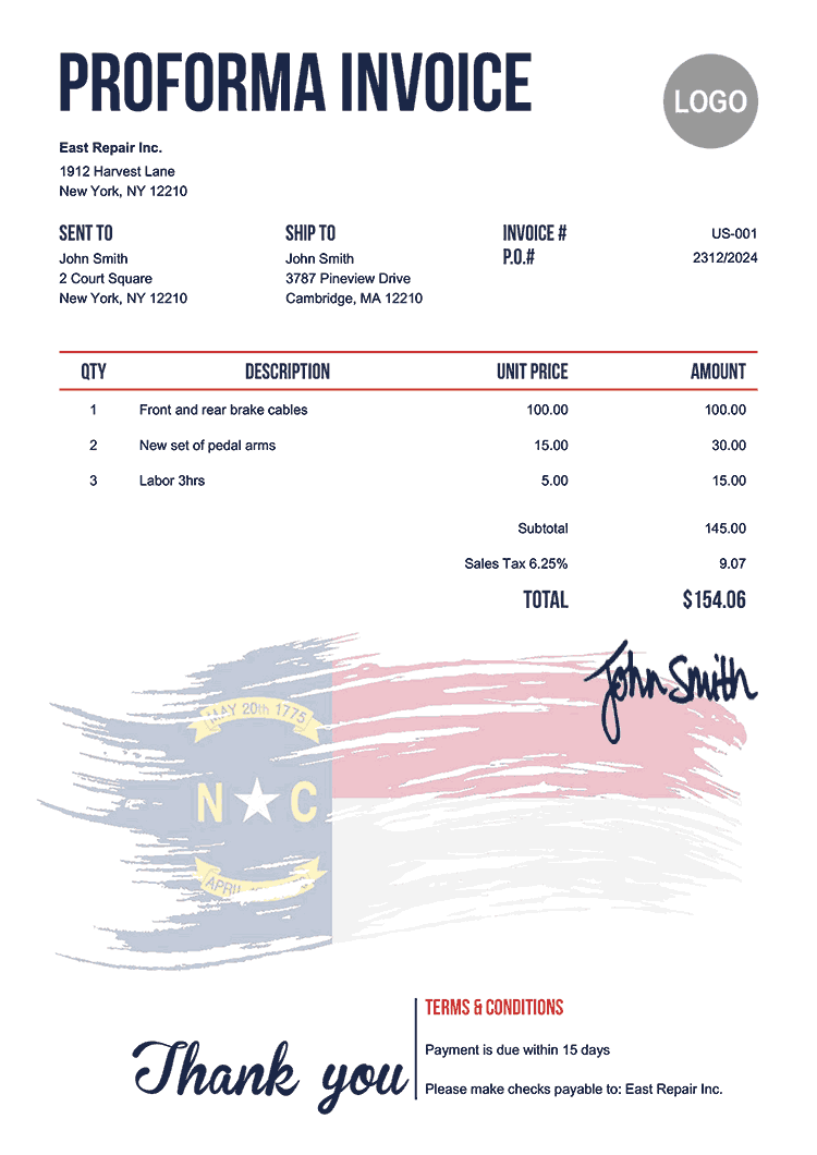 Proforma Invoice Template Us Flag Of North Carolina 