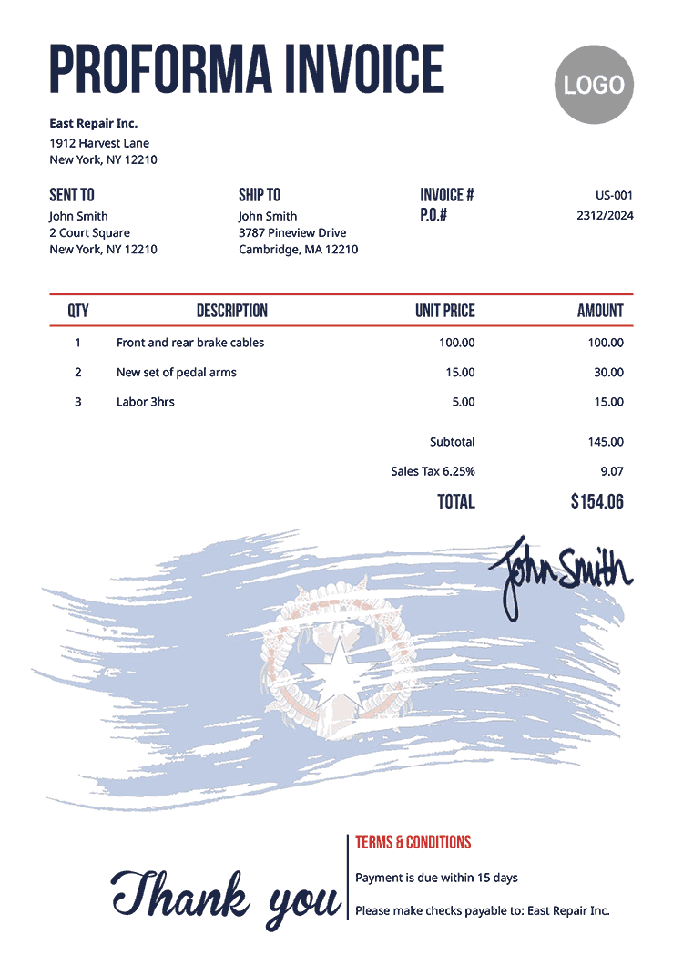 Proforma Invoice Template Us Flag Of Northern Mariana Islands 