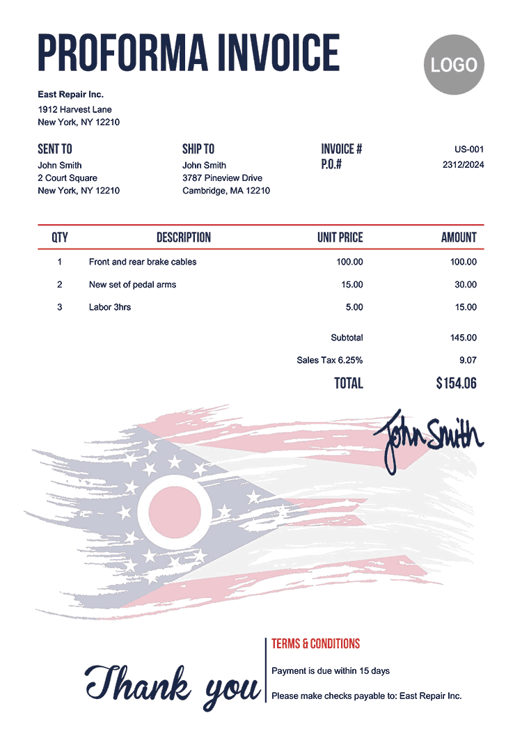 Proforma Invoice Template Us Flag Of Ohio 