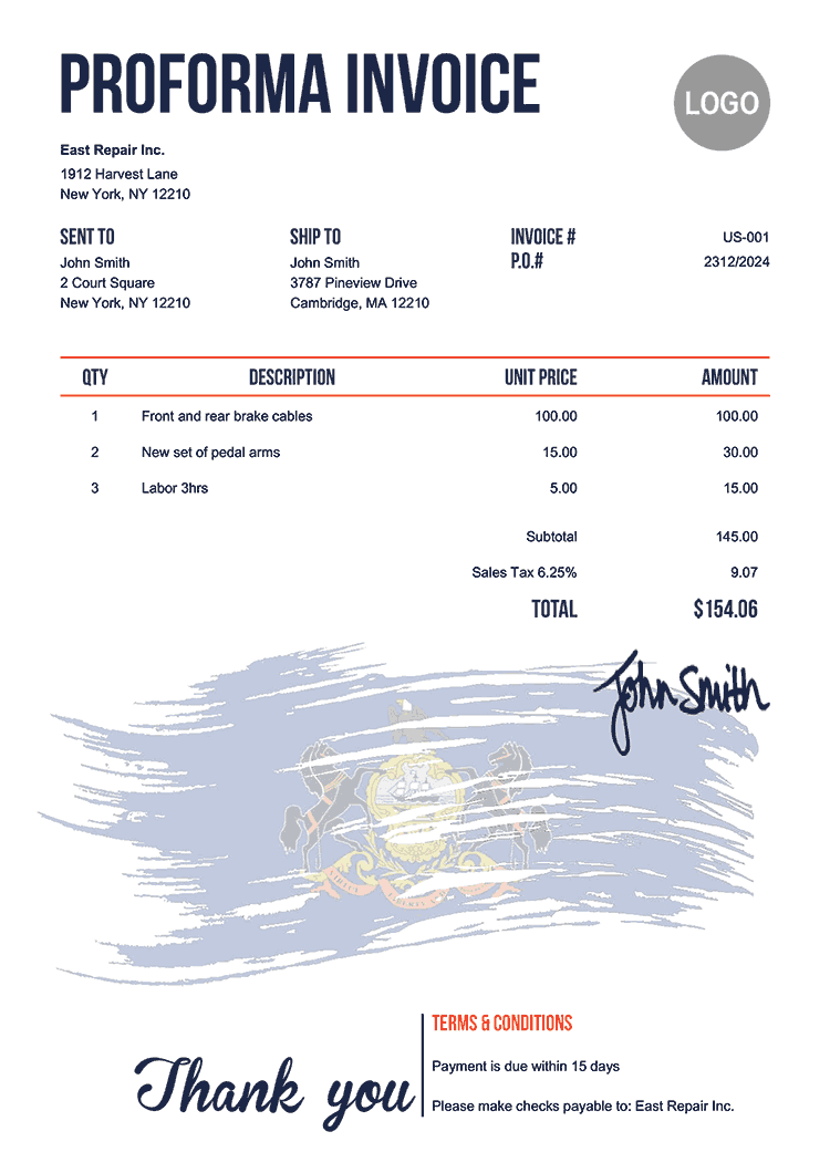 Proforma Invoice Template Us Flag Of Pennsylvania 