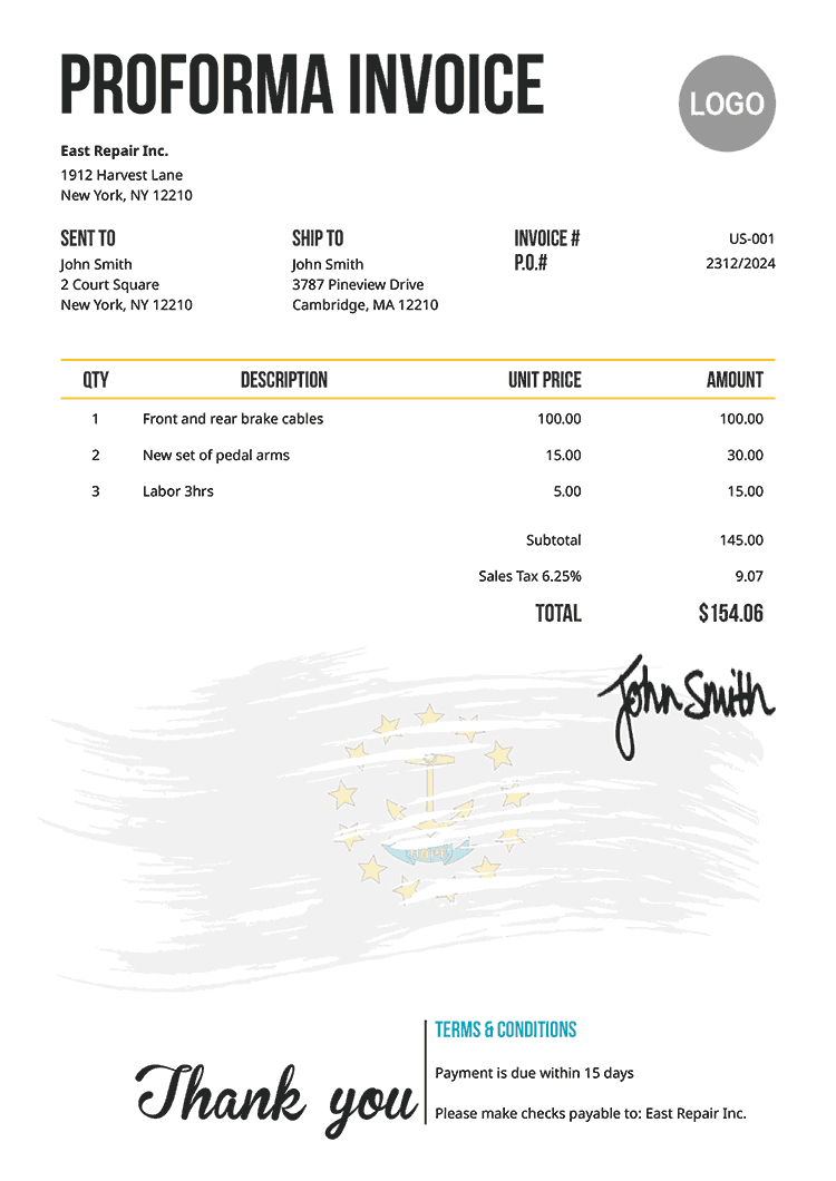 Proforma Invoice Template Us Flag Of Rhode Island 