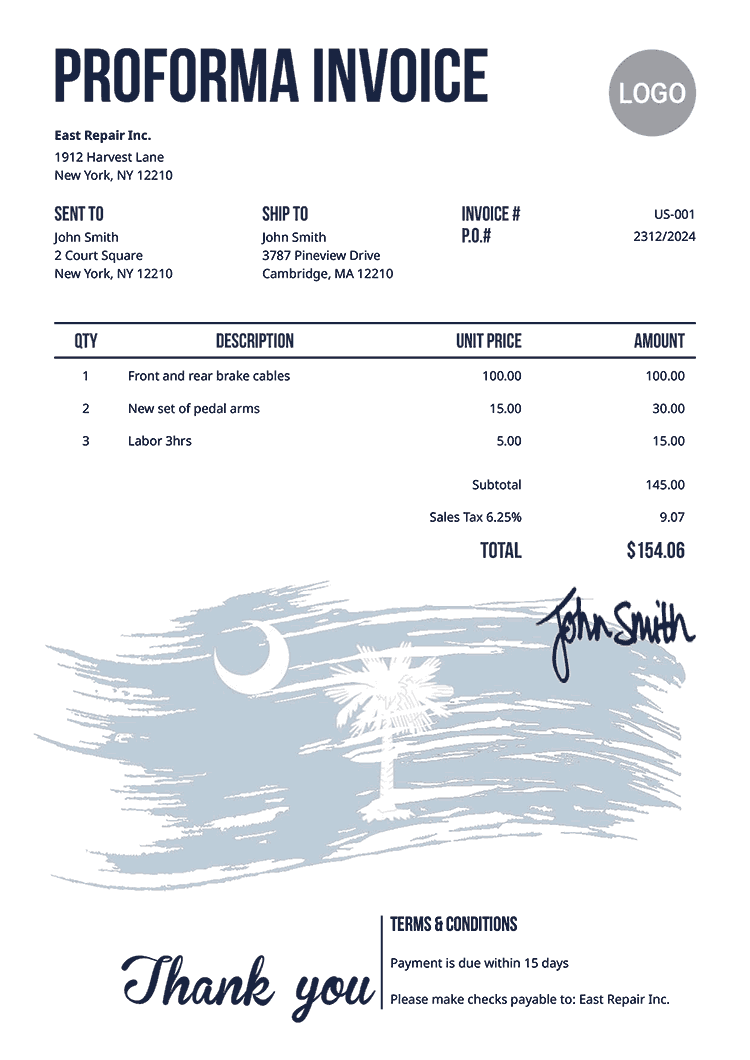 Proforma Invoice Template Us Flag Of South Carolina 