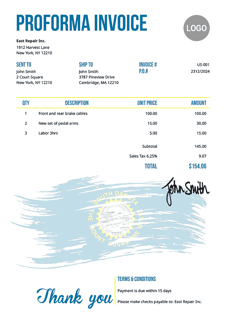Proforma Invoice Template Us Flag Of South Dakota 