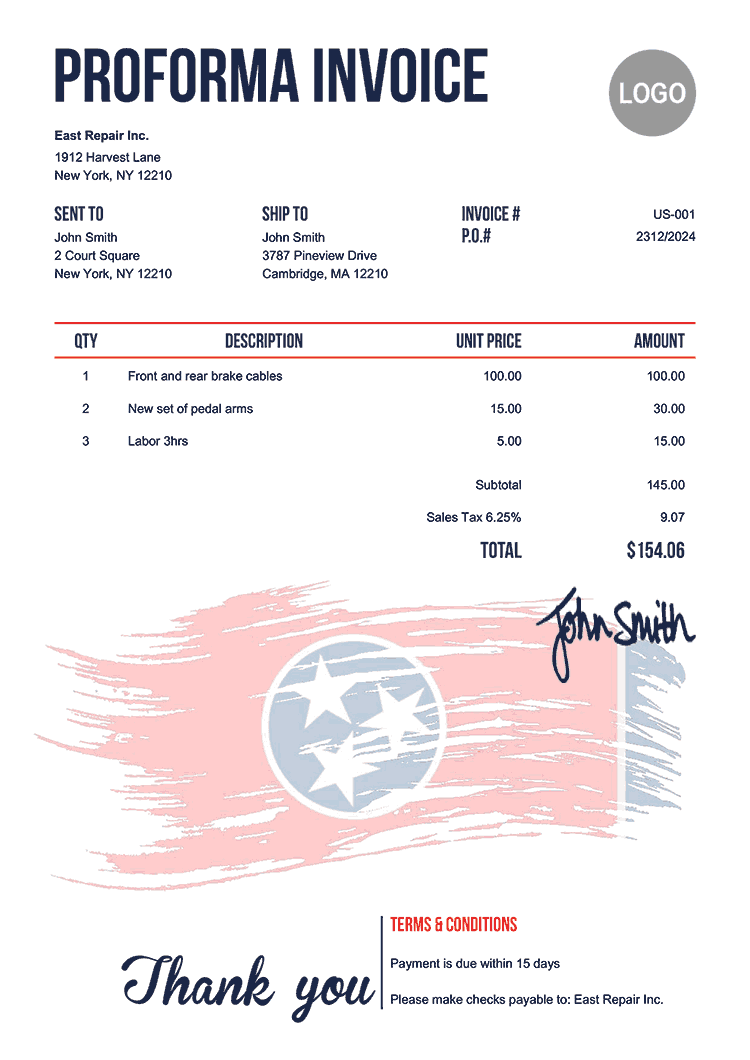 Proforma Invoice Template Us Flag Of Tennessee 