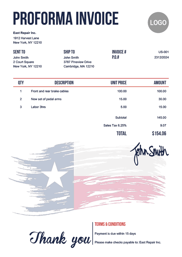 Proforma Invoice Template Us Flag Of Texas 