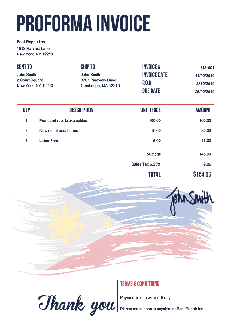 Proforma Invoice Template Us Flag Of The Philippines 