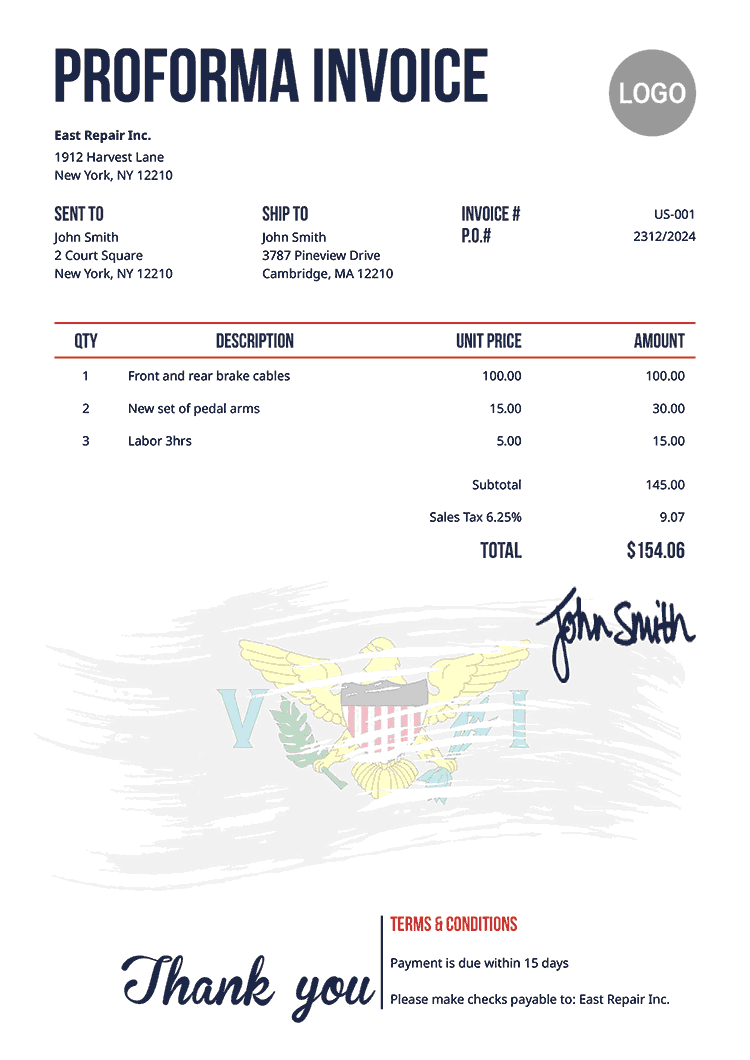 Proforma Invoice Template Us Flag Of Us Virgin Islands 