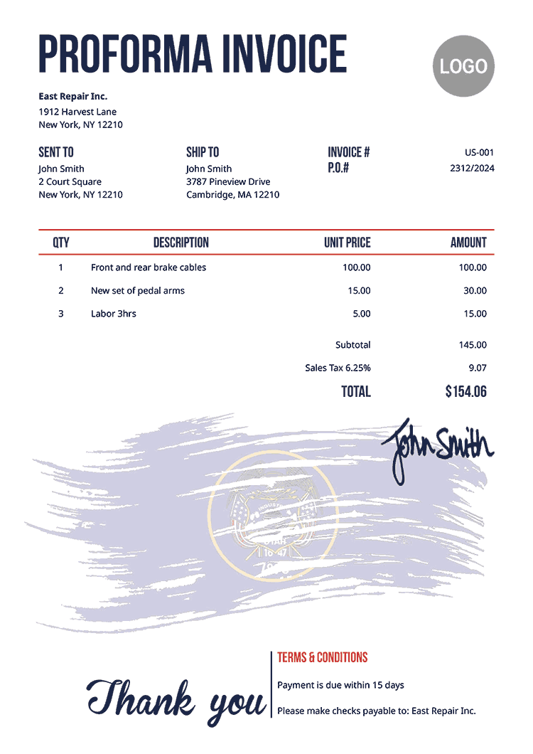 Proforma Invoice Template Us Flag Of Utah 