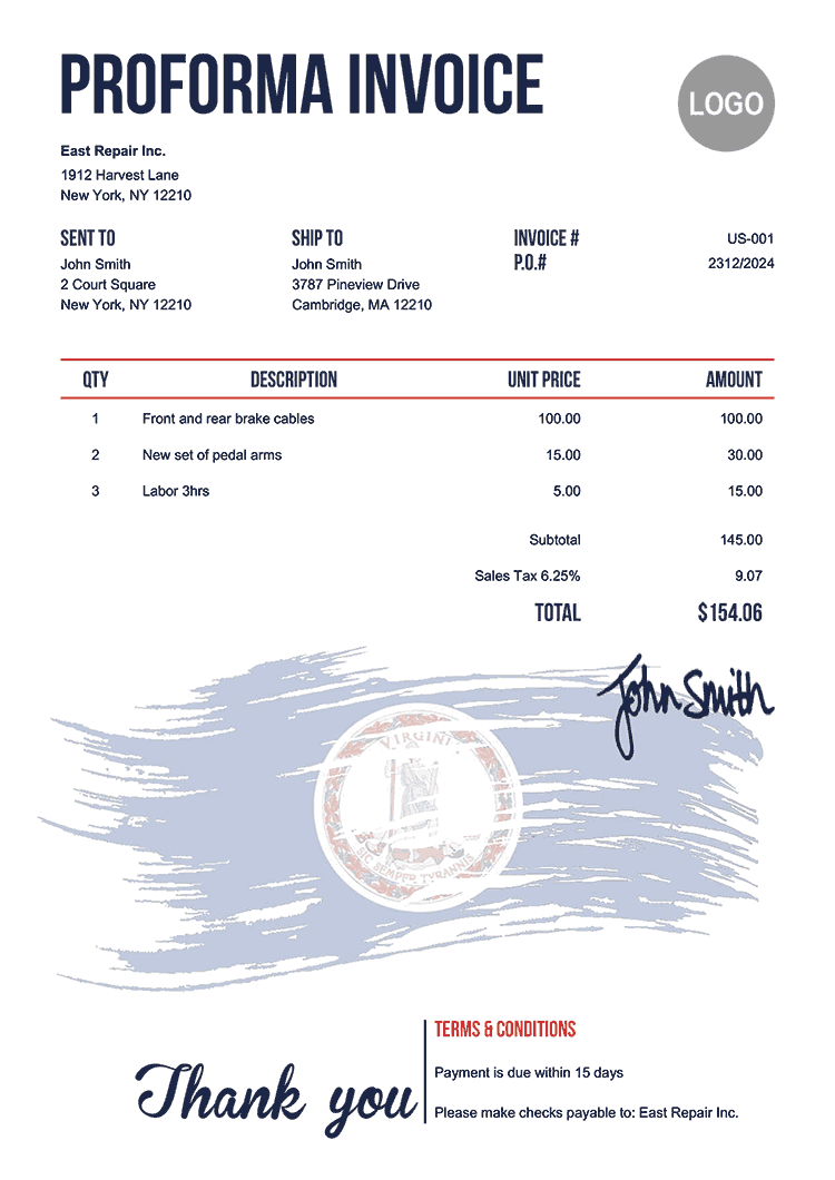 Proforma Invoice Template Us Flag Of Virginia 